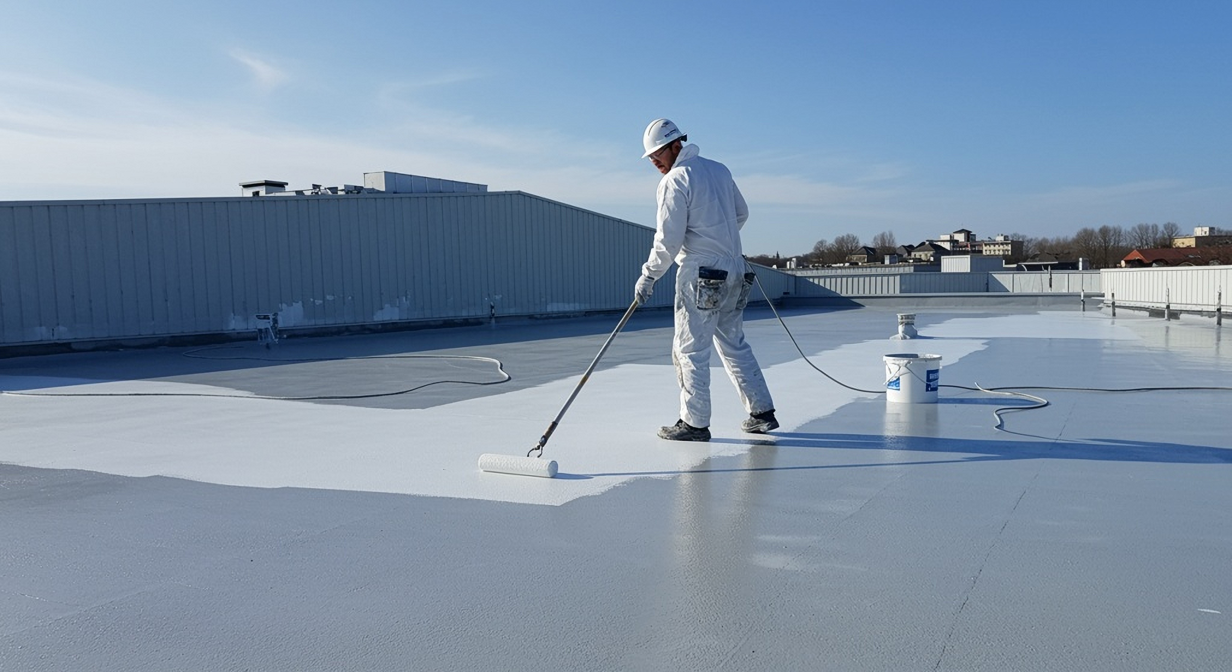 white,floor,worker,long,roller,gray,painting,on,the,roof